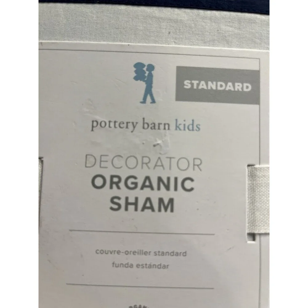 Pottery Barn Organic Standard Pillow Sham White w Navy Blue Ribbon Accent 20x26